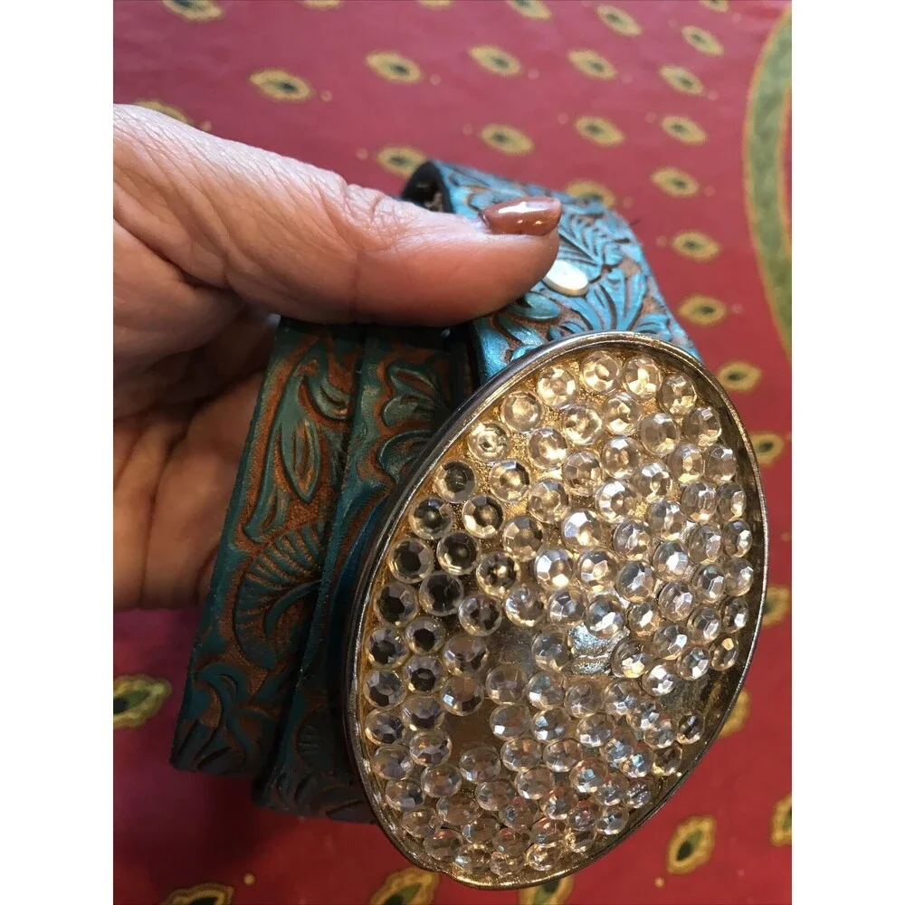 Women Western Turquoise Belt Silver Metal Round Rhinestone Bling Buckle 31-35”